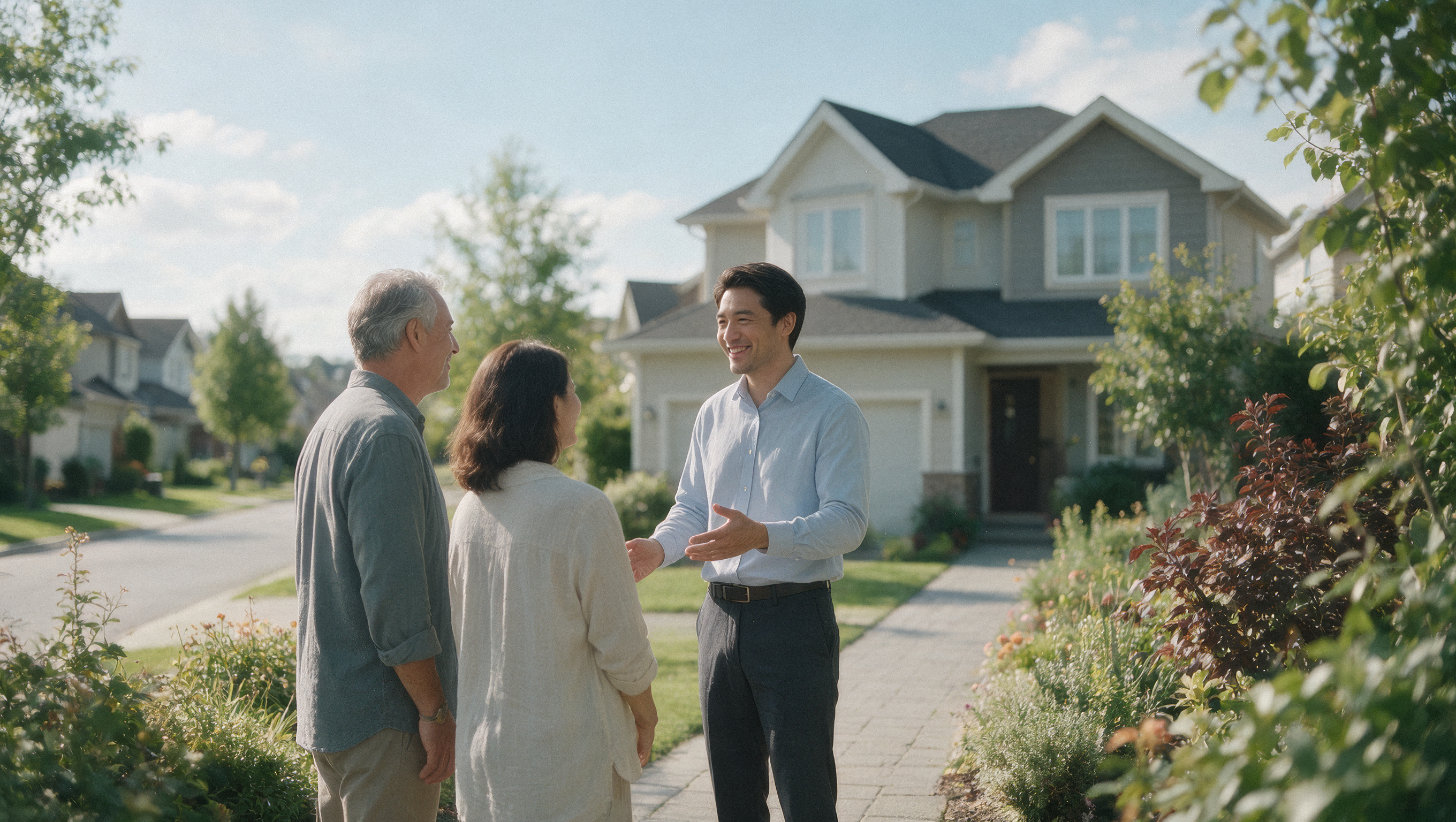 An agent meeting buyers outside a suburban home